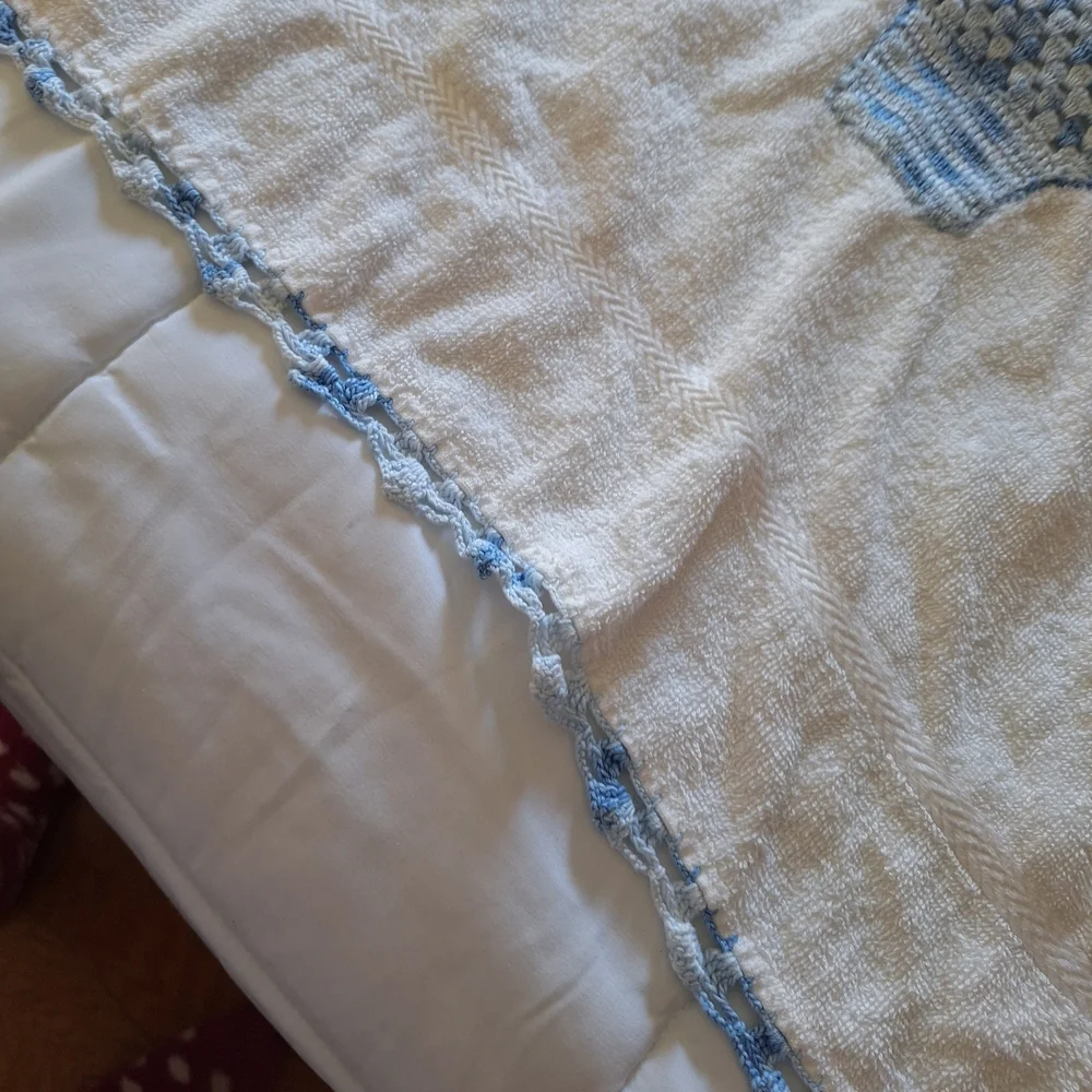 Hand Crafted Cream Bath Towel with Blue Crochet Basket Accent